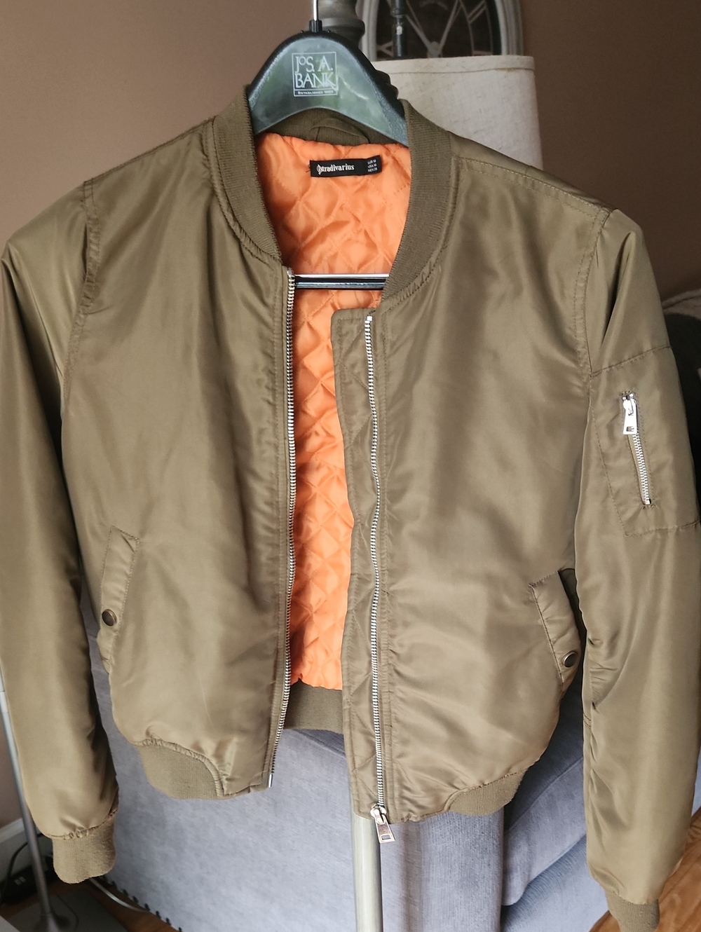 Olive Green Bomber Jacket with Orange Lining